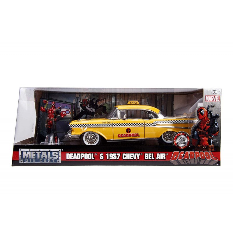 Jada 1957 Chevrolet Bel Air Taxi Yellow with Deadpool Die-cast Figure  Marvel Series 1/24 Die-cast Model Car 30290 