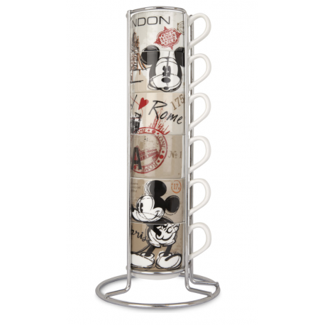 Disney - Set 6 Stackable Espresso Cups Mickey Mouse in the City + Metal Rack